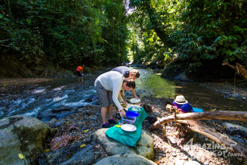 Fresh local food served beside the tranquil river